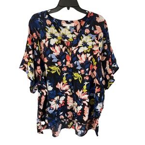 Adyson Parker Women 2X Floral Blouse Short Sleeve Button Front Flowy Lagenlook